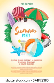 Summer party vector banner design with white circle for text and colorful beach elements in sand background. Vector illustration.