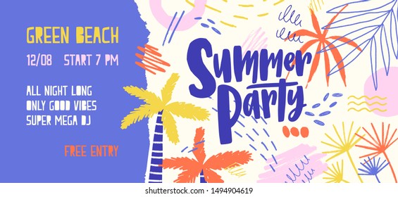 Summer party vector banner template. Open air festival invitation decorated with palm trees and colorful scratches. Music fest ticket. Seasonal outdoor dance party, concert poster design.