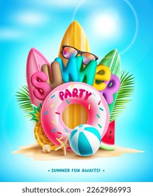 Summer party vector design. Summer party 3d text in island background for holidays fun and enjoy celebration. Vector illustration summer invitation.