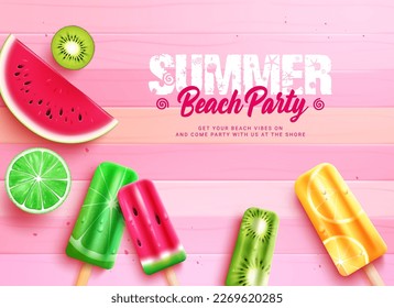 Summer party vector design. Summer beach party text with sliced fruits and popsicles for fun and enjoy celebration. Vector illustration summer party design.

