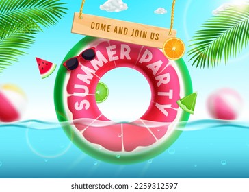 Diseño vectorial de fiesta de verano. Texto de la fiesta de verano en el elemento flotador de sandía para la celebración del evento de la playa. Ilustración vectorial invitación de fiesta de verano.