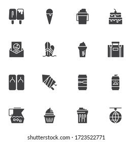Summer party vector icons set, modern solid symbol collection, filled style pictogram pack. Signs, logo illustration. Set includes icons as sunblock, ice cream, cake, travel bag, surfing board, drink