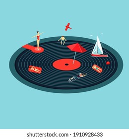 Ilustración vectorial de fiesta de verano. Afiche del festival de música de baile. Bar de playa con piscina. Vacaciones.