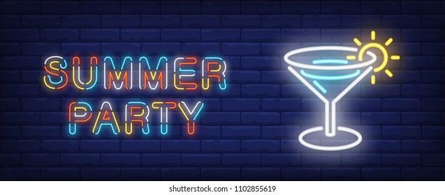 Summer party vector illustration in neon style. Colorful text and cocktail on brick wall background. Night bright advertising design, banner, sign. Entertainment and vacation concept