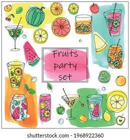 Summer party vector illustration set with cocktails, fruits and watercolor spots.