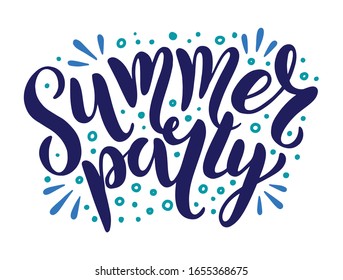 Summer party - vector logo text with doodle sun rays. Typography for poster with hand drawn summer lettering isolated on white background. Vector illustration for invitation, postcard, banner, print.