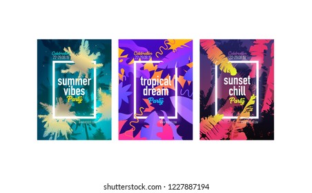 Summer Party vector poster design. Summer music party flyer artwork template A4. Creative palm tree background party poster. Tropical Sunset 