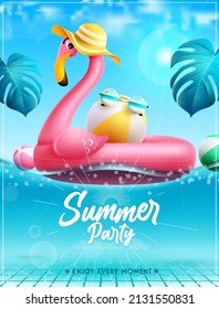 Diseño de afiche vectorial de fiesta de verano. Texto de la fiesta de verano en el fondo de la piscina con flotador flamingo y hojas para divertirse y disfrutar de eventos tropicales al aire libre. Ilustración vectorial.
