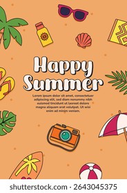 Summer party vector poster design template with palm trees, beach elements, and colorful layout for tropical or seasonal event promotion.