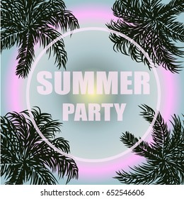 Summer Party vector Poster design for promotion with beach palms and colorful background. Vector illustration.