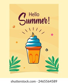Sommerparty Vektorgrafik Poster Einladung Vorlage mit Hallo Sommer Gruß Text in bunt