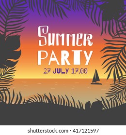 Summer party. Vector poster leaves of palm trees and tropical flowers on a background of the sea shore during the sunset over the sea.