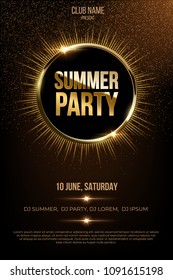 Summer party vector poster template with shining golden rays and glitter on dark background.