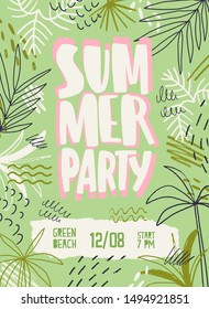 Summer party vector poster template. Beach festival invitation decorated with palm trees and tropical leaves. Music fest promotion with scratches. Outdoor disco, dance party, concert placard design.