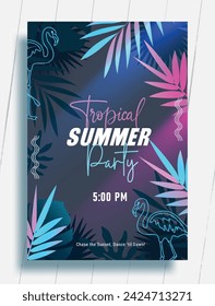 Summer party vector poster template. Summer tropical party invitation card with flamingo and palm leaf elements for holiday season beach night out celebration flyers. Vector illustration summer party 