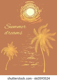 Summer party vector template. Holidays background with ocean sunset and palms