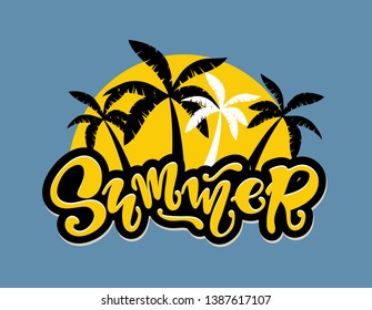 Summer Party Vibes - hand drawn doodle lettering label art with palm tree 