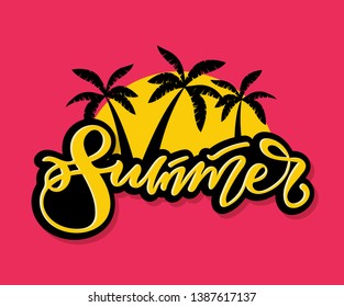 Summer Party Vibes - hand drawn doodle lettering label art with palm tree 