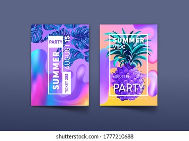 Afiche y boleto de la fiesta de verano con hojas de palmera y piña. Diseño de Volante de Club Party con Elementos Resumen Líquido, Plantas Tropicales, Precio y Tipografía, Promoción Exótica. Ilustración vectorial