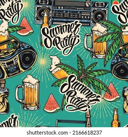 Summer Party Vintage Colorful Pattern Seamless Cold Beer With Foam And Watermelon With Tape Recorders For Beach Rave Vector Illustration