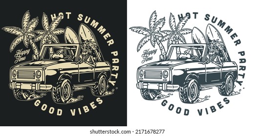 Cartel monocromo de la fiesta de verano hombre muerto conduciendo coche en isla tropical con palmeras y tablas de surf ilustración vectorial