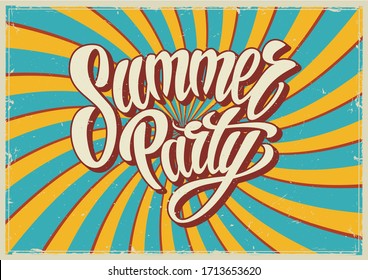 Summer party vintage template with elegant lettering on colorful sunny radial background vector illustration