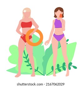 Summer party Women in swimsuits on the beach. Vector illustration of women in a swimsuit and in summer clothes Summer time. Summer vacation Fashionable girls with different hairstyles