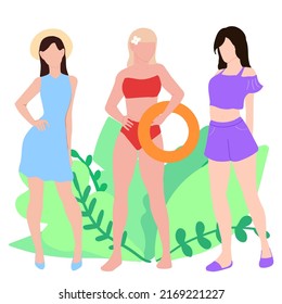 Summer party Women in swimsuits on the beach. Vector illustration of women in a swimsuit and in summer clothes Summer time. Summer vacation Fashionable girls with different hairstyles