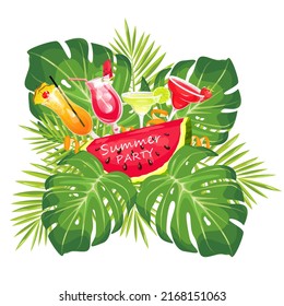 Summer party.Background with palm leaves, watermelon and summer alcoholic cocktails.Banner design for a summer party.