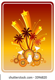 Summer Party-Symbolic illustration in retro style of a fun beach party with coconut trees, cocktails, martinis, exploding fireworks and stars