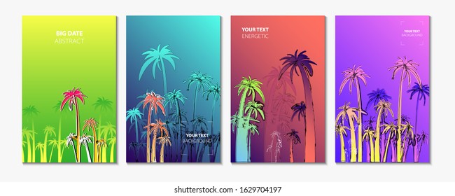 Summer pastel banner set in Contemporary abstract art style. Colorful palm trees, paint strokes background, set banners