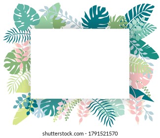 Summer Pastel Palm and fern leaves frame vector, Rectangular leaves border frame template with decorated corners. Vector illustration on white background 