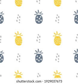 Summer pastel pineapple seamless design. Pattern for bed linen and apparel. Nordic ananas yellow and pink fun pattern. Cute baby style textile fabric cartoon ornament.