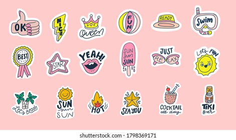 Summer patches collection with typography. Vector illustration of funny summer symbols and icons.