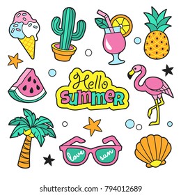 Summer patches collection. Vector illustration of funny summer symbols and icons, such as cactus, flamingo, ice cream, palm, pineapple and sunglasses. Isolated on white.