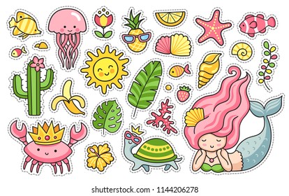 	
Summer patches set. Collection of vector funny summer stickers. Mermaid, in turtle in sunglasses, crab in the crown, jellyfish, cactus, tropical leaves, flowers and seashell.