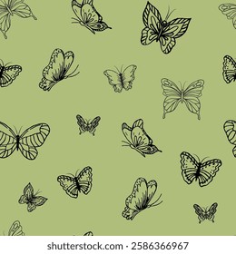 summer patern with butterflies on green background