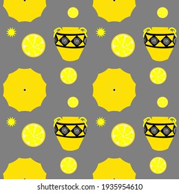 Summer patern in gray, yellow colors with elements of the sun, umbrella, orange, lemon, and Mediterranean vase.