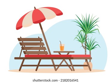 Mobiliario de patio de verano. Tumbona con mesa de madera y sombrilla de playa para las vacaciones. Ilustración vectorial aislada en fondo blanco.