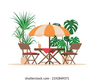 Summer Patio Furniture And Tropical Plants. Restaurant Or Cafe Wooden Table With Chairs And Beach Umbrellafor Holiday. Vector Illustration Isolated On White Background.