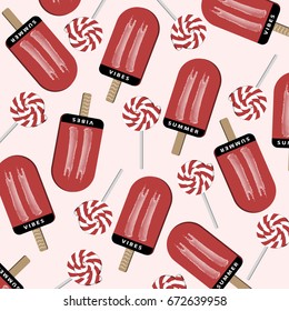Summer pattern with 3D ice creams,lollipop candy and texts.Summer vibes typography.For poster,prints,wallpaper,textile,texture,decor,t-shirt graphic design.Vector illustration.
