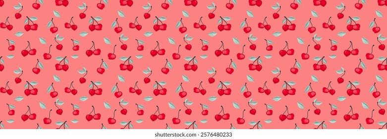 Summer pattern with abstract artistic tiny cherries with small leaves. Shapes berries, fruits, leaf, seamless print on a orange background. Vector hand drawing. Design ornament for fabric, textiles,