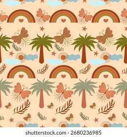 Summer pattern. Abstract earth tone background. Sun and trees and butterflies print. Boho. Minimalist style vector illustration. Sun and clouds.Seamless pattern for textiles. Modern and chic backgroun