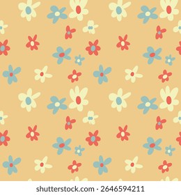 Summer pattern. Abstract flower field of beige, blue, and red flowers. Vintage floral pattern background. Perfect for gift wrapping paper, art, kids pyjamas, and children’s bedrooms. Vector, EPS 10.