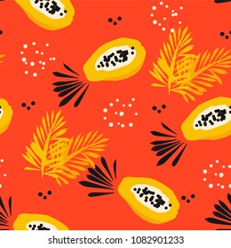 Summer pattern with abstract papaya and palm branches on red background. Ornament for textile and wrapping. Vector.