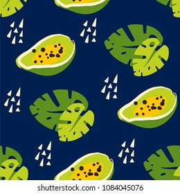 Summer pattern with abstract papaya and palm leaf on dark background. Ornament for textile and wrapping. Vector.
