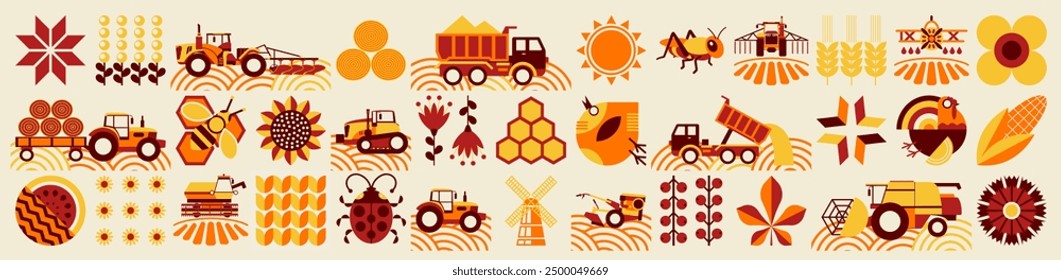 Summer pattern. Agriculture, farming. Vintage mosaic style. Simple geometric shapes. Textile background of grains, poultry breeding, beekeeping, agricultural machinery, farm implements, flowers.