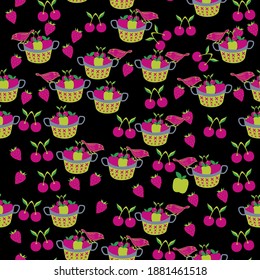 Summer pattern background. Colorful baskets with fruit and bird. Harvest pattern. Vector illustration. fruit basket background  bird on basket  apple in the basket pattern
