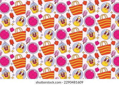 summer pattern background. Colorful seamless summer pattern with hand drawn beach elements. Colorful summer seamless pattern.