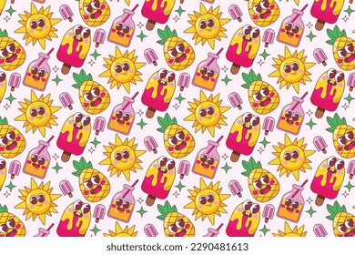 summer pattern background. Colorful seamless summer pattern with hand drawn beach elements. Colorful summer seamless pattern.